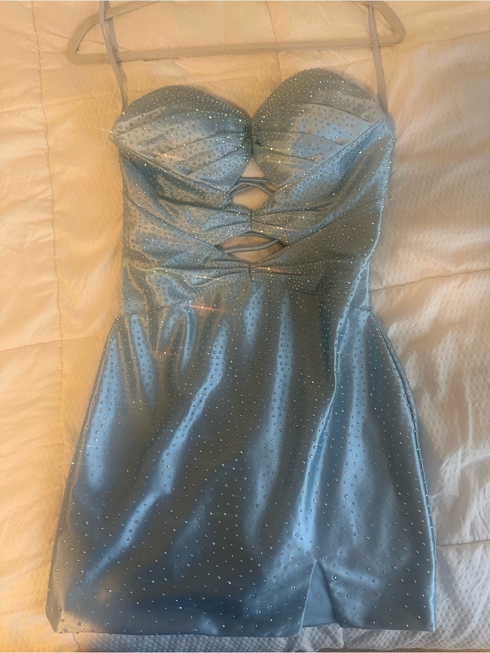 Sparkling Light Blue Strappy Satin Mini Dress